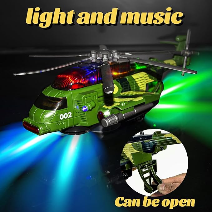 Helicopter Toy for Kids 3-5 6 7, Army Military Toy Helicopters with Lights and Music for Toddlers Birthday Easter Gifts, Bump and Go Airplane Toys for Boys Girls 3 4 5 6 7 Years Olds
