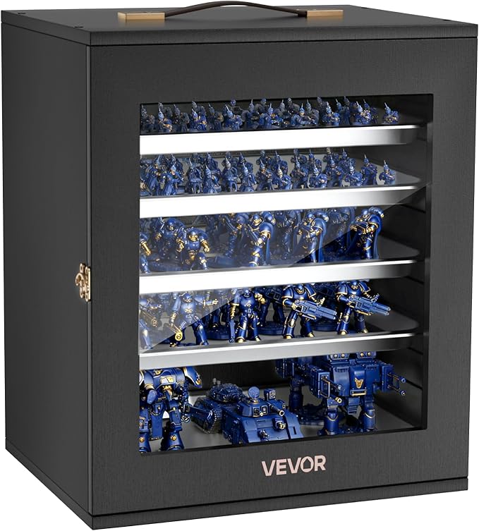 VEVOR Miniatures Storage Case, Fits for 1:1750-1:2000 Scale Models, Wooden Miniatures Display Holder with 5 Tray & 13 Slots, Clear View Miniature Transport Case for Collectibles (Minis Not Included)