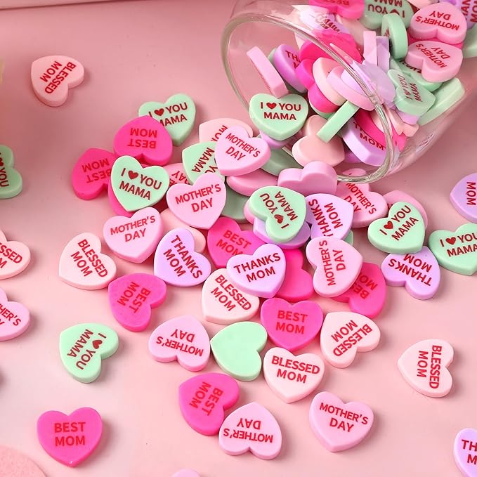 JUNEBRUSHS 120 Pcs Mothers Day Hearts Happy Mother's Day Mini Resin Heart Table Scatter Heart Confetti for Vase Filler Crafts Party Centerpiece Decorations