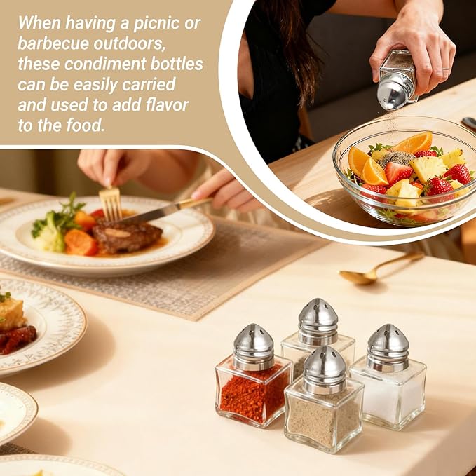 24 Pack Mini Salt and Pepper Shakers, 0.5 oz Glass Cube Shape Spice Shaker with Funnel, Seasoning Jars for Wedding Party Restaurant Home Kitchen (Silver)