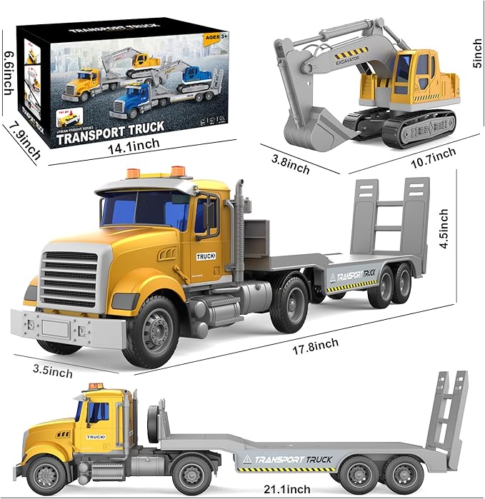 Transports Trucks Kids Toys, 22" Large Semi Truck Toy Carrier and Excavator Truck with Sound&Light,Friction Powered Cars Toys Birthday for Childs-Yellow