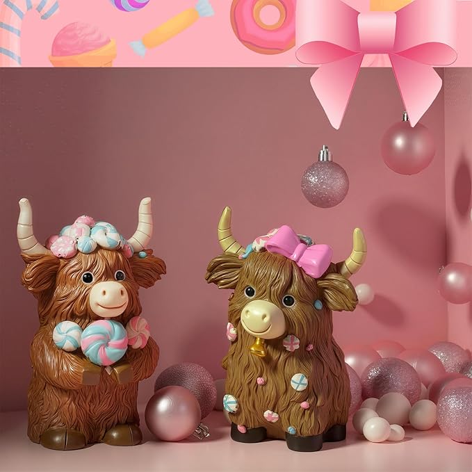 Burbell 2 Pack Highland Cow Resin Figurine Decor Macarons Candy Theme Highland Cow Gnomes with Candy Resin Statue for Birthday Themed Party Garden Table Shelf Kitchen Home Bathroom Decor Gifts
