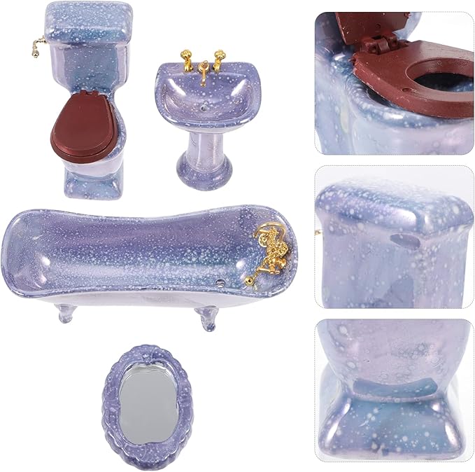 NUOBESTY Miniature Dollhouse Furniture Set Bathroom Accessories Ceramic Bathtub Toilet Sink Mirror for Kids Playhouse Decoration 4.64X2.75X2.04 Inch
