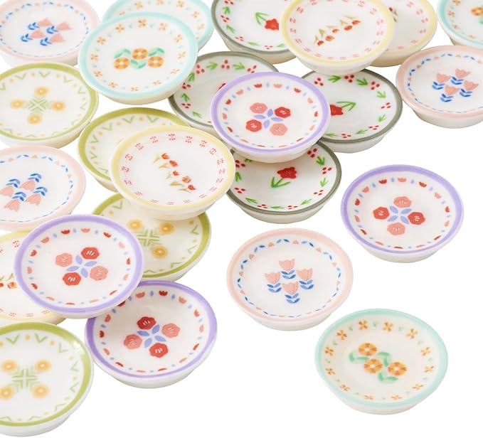 24Pcs Miniature Flower Plate Dollhouse Accessories Resin Mini Tableware Imitation Ceramic Bowl Tiny Dishes Ornaments Micro Landscape Decorations Garden Home Party Decorations Crafts Supplies