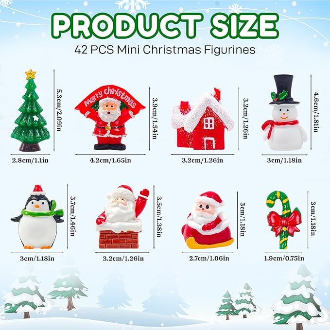 42 Pcs Mini Christmas Figurines Tiny Resin Santa Claus Snowman Xmas Miniature Figures for Holiday DIY Crafts Garden Micro Landscape Party Home Table Decor