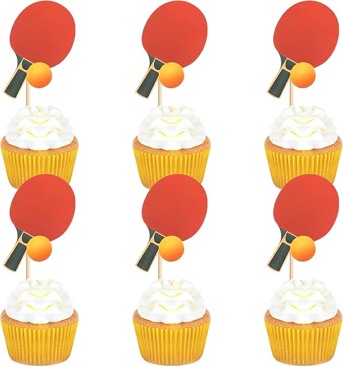 Ercadio 24 Pack Double Sided Table Tennis Cupcake Toppers Table Tennis Cupcake Picks Table Tennis Birthday Cake Decorations Baby Shower Table Tennis Sports Theme Party Cake Decorations, Red-2