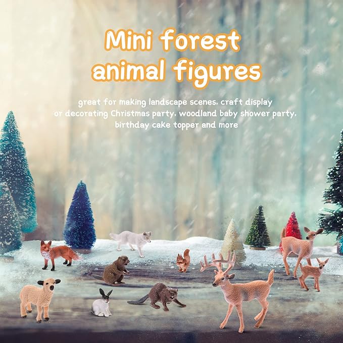 10 Pieces Forest Animals Figures Miniature Woodland Animal Figurines Small Squirrel Beaver Rabbit Deer Family Educational Playset Toys Cake Toppers for Graduation Gift Birthday Party Supplies