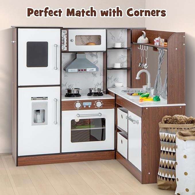 INFANS Corner Kids Kitchen Playset, Ultimate Wooden Pretend Cooking Toy Set with Real Running Water Circulation Light Sound Stove Storage Cabinet, Simulation Play Kitchen Gift for Girls Boys