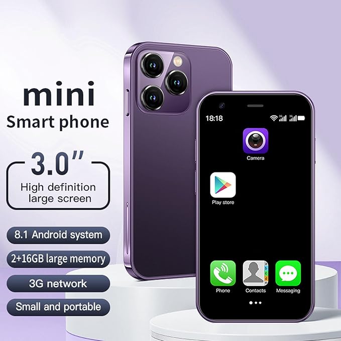XUMIUZIY Mini Smartphone, Slim Unlocked Cell Phones with 3" HD Screen, 2GB RAM 16GB ROM, Dual Cameras, Dual SIM Card Slot, 3G Network, 1000mAh Battery, 8.1 (Purple)