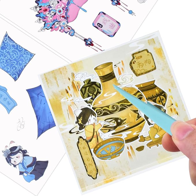 DIY 3D Fun Mini Chinese Intangible Cultural Scene Stickers Book with Tweezers Make Your Own Tie-Dye Velvet Flower Shadow Play Sticker Scenes Micro Stickers for Relief Stress Pass The Time(20 Designs)
