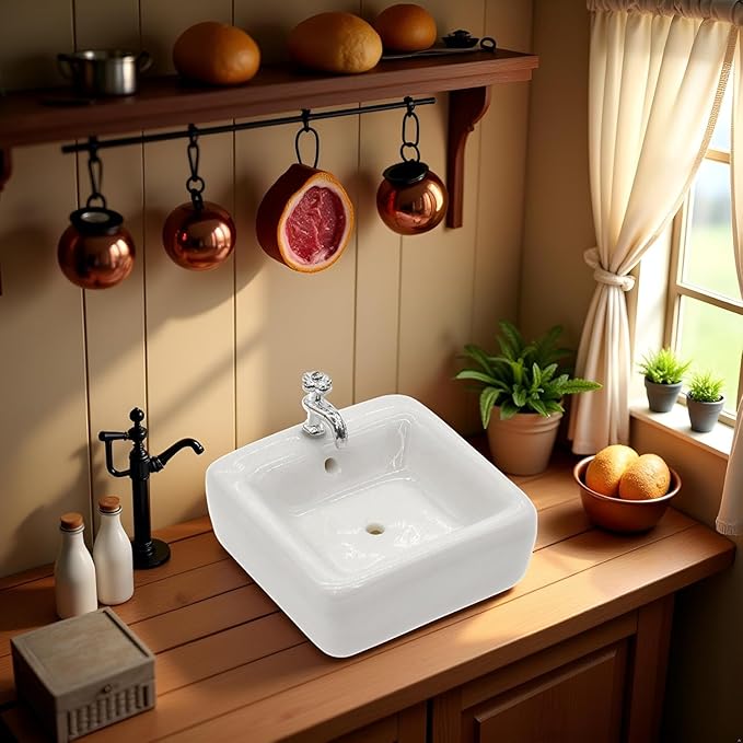 1:12 Scale Ceramic Sink with Removable Faucet - Miniature Dollhouse Bathroom and Kitchen Accessories for Victorian Style Decor, Realistic Doll House Furniture (Durable Resin Basin Set)