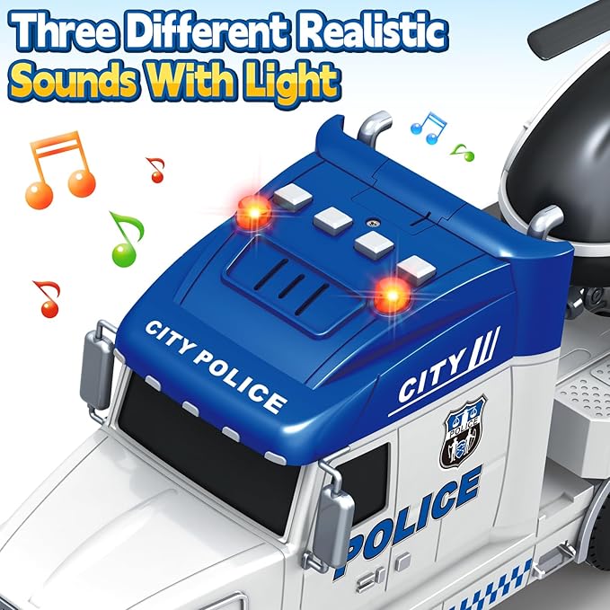 Kids Toys for 3 4 5 6 7 8 Years Old Boys, 27" Police Truck Toy with Racing Car and Helicopter, Toddler Friction Powered Truck Vehicle Toy with Lights, Sounds for Boys Girls Christmas Birthday Gifts