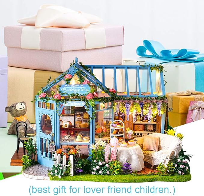 CUTEBEE Dollhouse Miniature House with Furniture, DIY Dollhouse Kit with Dust Proof, Music Movement, 1:24 Scale Creative Room for Gift for Family and Friends (Rose Garden Tea House)