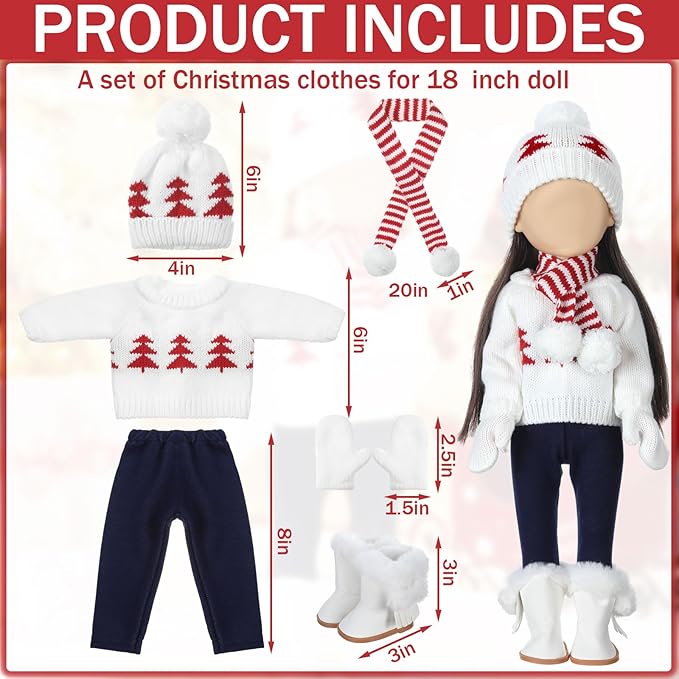 Bencailor 6 Pcs Winter 18 Inch Doll Clothes and Accessories Winter Outfits Set Sweaters Trousers Hats Shoes for 18 Inch Doll Gifts(Red White,Vintage)
