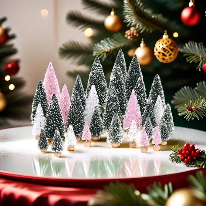 Waipfaru Pink Christmas Decorations, 30 Pcs Mini Bottle Brush Christmas Trees, Miniature Small Pine Trees for Xmas Tabletop Crafts Indoor Table Home Decor (Pink & White)