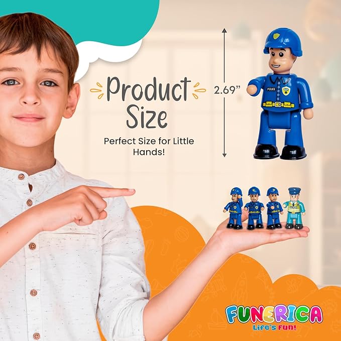 FUNERICA Police Figurines Set – 4-Pack Police Officer Toys for Kids with 3 Policemen and 1 Police Chief, Toy Police Figures and Action Figurines for Boys, Durable Imaginative Play Set