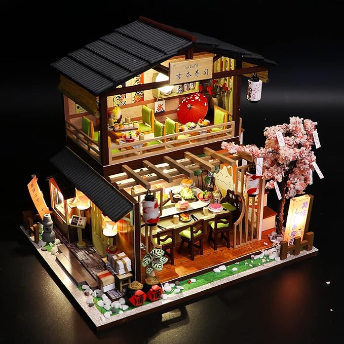 GuDoQi DIY Miniature Dollhouse Kit, Tiny House kit with Furniture, Miniature House Kit 1:24 Scale Japanese Style Shop, Great Handmade Crafts Gift for Birthday Christmas Day