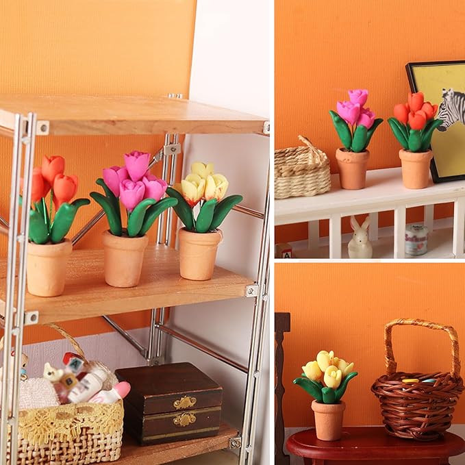 3pcs Miniature Potted Plant Flowers 1:12 Mini Dollhouse Scene Bonsai Tulips Model Accessories Micro Landscape Decoration