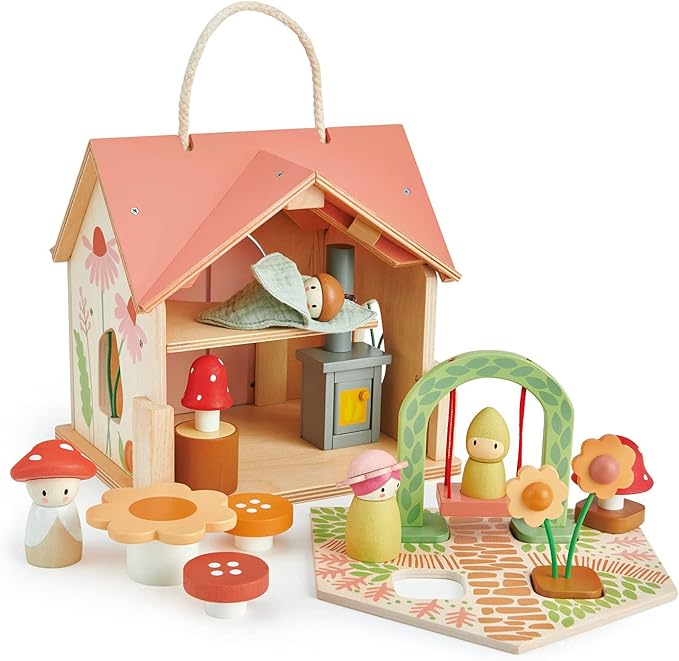Tender Leaf Toys - Rosewood Cottage - Portable Furnished Wooden 2-Story Dollhouse Set with Handle, 4 Pcs Miniature Toadstool Family with 10 Accessories - Pretend Play Gift for Kids - Age 3+