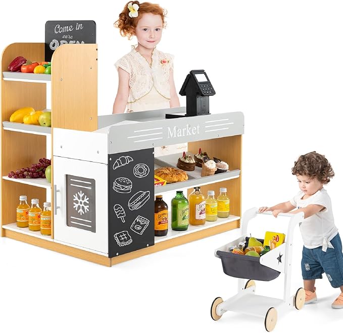 Costzon Kids Grocery Store Playset, Wooden Play Store w/Shopping Cart, Chalkboards, Refrigerator & Display Shelves, Grocery Store Pretend Play for Boys Girls 3+ Years Old
