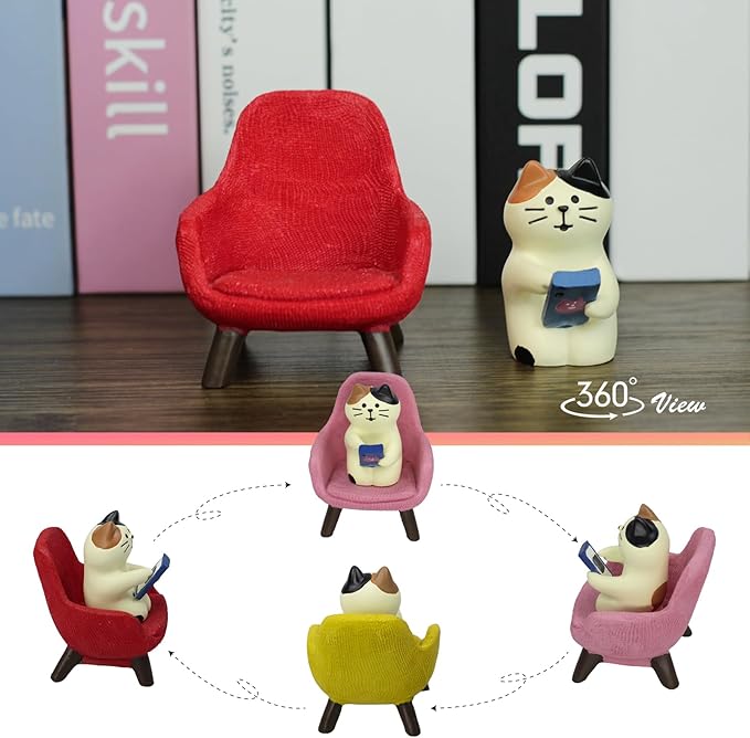 Cute Cat Playing Phone on Sofa Resin Figurine Desk Decor & Cat Lover Gift (Red Sofa)