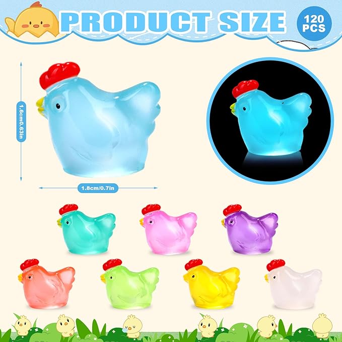 120Pcs Luminous Mini Chicken Figurines 8 Colors Glow in The Dark Tiny Small Little Resin Chicken to hide Miniature Resin Animals for Fairy Garden Party Potted Diy Dollhouse Micro Landscape Home Decor