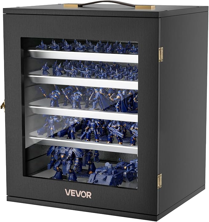 VEVOR Miniatures Storage Case, Fits for 1:1750-1:2000 Scale Models, Wooden Miniatures Display Holder with 5 Tray & 13 Slots, Clear View Miniature Transport Case for Collectibles (Minis Not Included)
