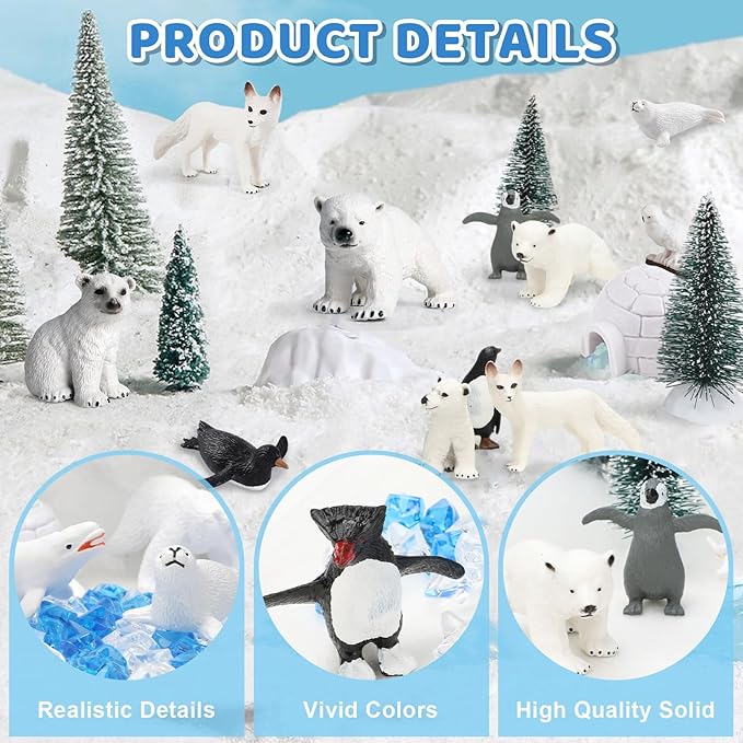 Entollar 40 Pcs Arctic Animal Figurines Set, Complete School Projects Polar Animals Diorama Kit with Bear, Penguin, Fox, Walrus, Reindeer, Trees & Fake Ice, Preschool Educational Toys Birthday Gift