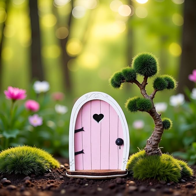 2Pcs Pink Streak Mini Fairy Garden Door for Tree, 3D Miniature Fairy Door for Fairytale Tiny House Doors, Bonsai Terrarium Micro Landscape Decoration Accessories Garden Miniatures, Decorations