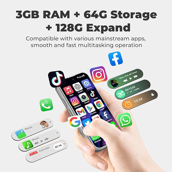 Mini Phone Unlocked Android Phone 4.0" HD Touch Screen Mini Smartphone Kids Smart Phone Dual SIM Quad Core Face ID Small Phone for Students & Children Pocket 3G RAM+ 64GB (Grey, 4.0)