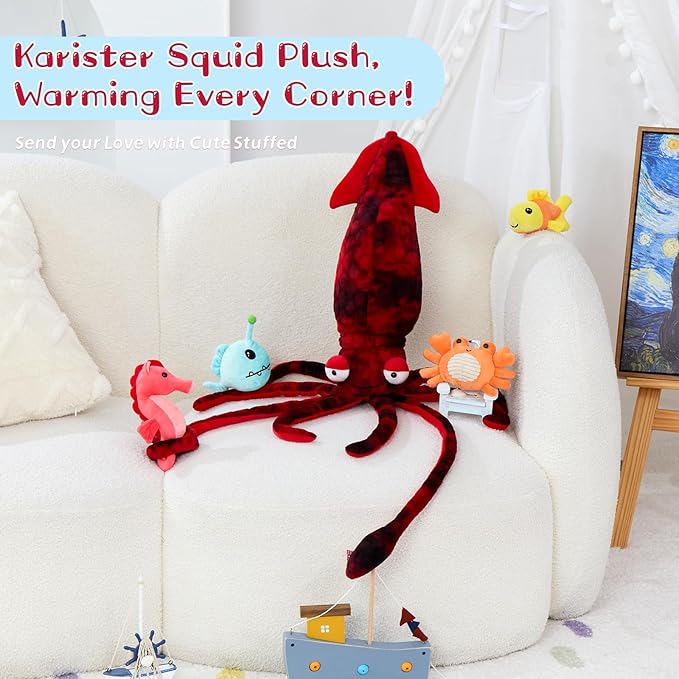 5Pcs Giant Squid Stuffed Animal with 4 Sea Animal Plush Toy, Clownfish Crab Seahorse Angler Fish Baby Stuffed, 41.3" Squid Plush for Boys Girls Kids, Ocean Theme Party Decor