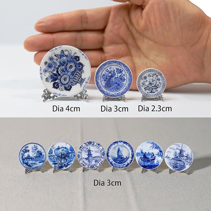 6PCS Handcrafted Miniature Ceramic Plates in 1:12 or 1:6 Scale, Vintage Porcelain Playhouse Dishes (Blue-White B, 3CM)