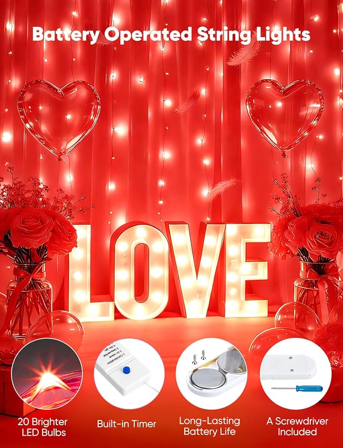 Minetom 12 Pack Red Christmas Lights, 7ft 20 LED Fairy Lights Battery Operated String Lights, Valentines Day Decorations, 8 Modes Timer Waterproof Silver Wire Twinkle Lights, Valentine's Day Lights