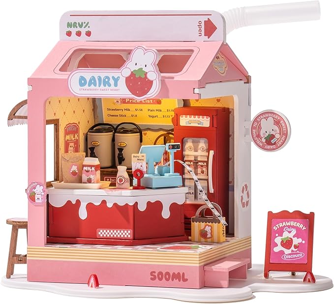 DIY Mini House Building Miniature Kit Milkbox, Miniverse Lifestyle Bookshelf Decoration, Cute Craft Kits for Women or Girls 14+, Kawaii Gifts Hobbies for Crafters (Strawberry Milkbox)