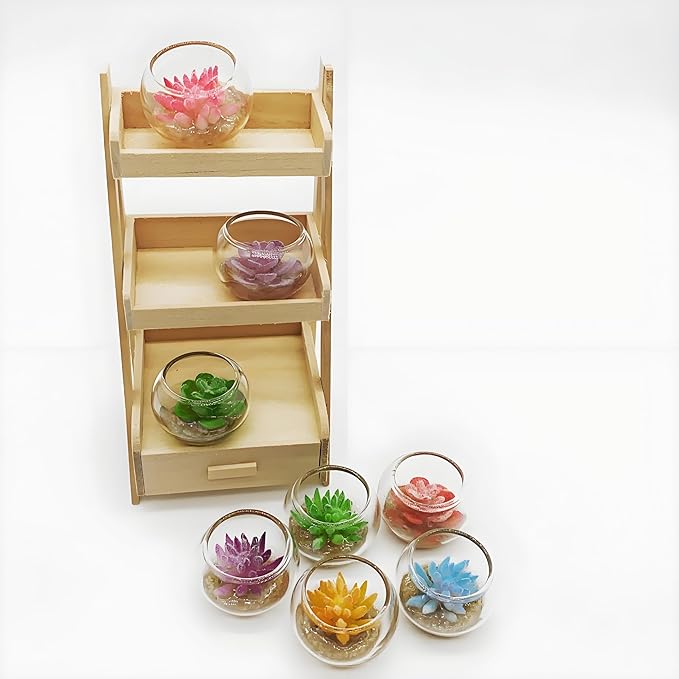4 Pcs Assorted Color Glass Miniature Succulent Pots – Tiny Artificial Flower Potted Plants for Dollhouse Decoration, DIY Craft, Micro Garden Display, Miniature Home Accessories & Tabletop Ornaments
