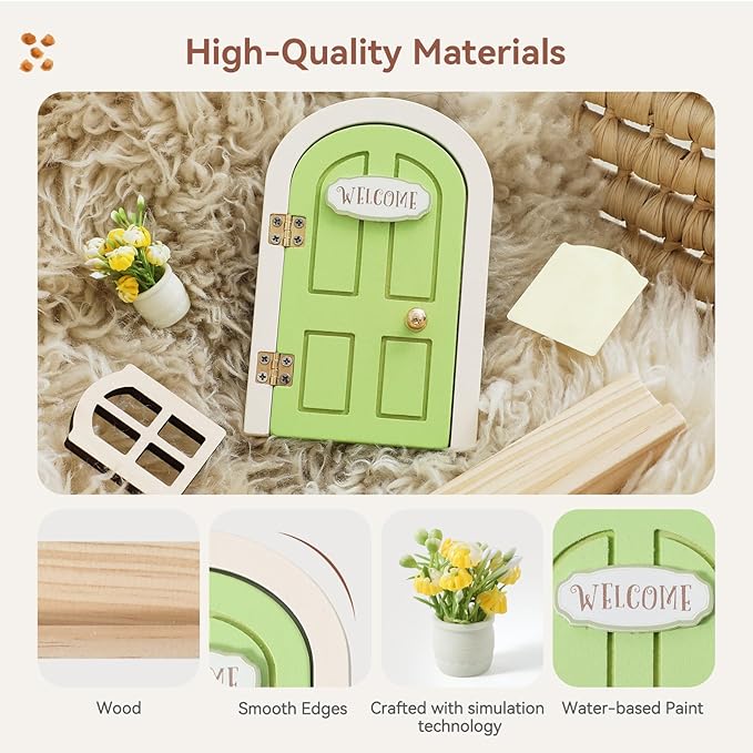 Mamimami Home Green Balcony Little Magical Fairy Door with Base, 13cm 5.12 inch Elf Miniature Tiny Door with Flowerpot and Window, Tooth Fairy Door Handmade Christmas Decorations