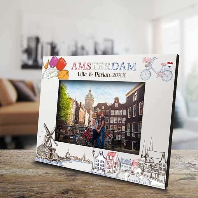 BELLA BUSTA-Personalized Europe Travel Picture Frame– Custom Amsterdam Photo Frame with City & Country-Honeymoon, Vacation, Adventure, Favor Keepsake (Amsterdam (5x7 Horizontal))