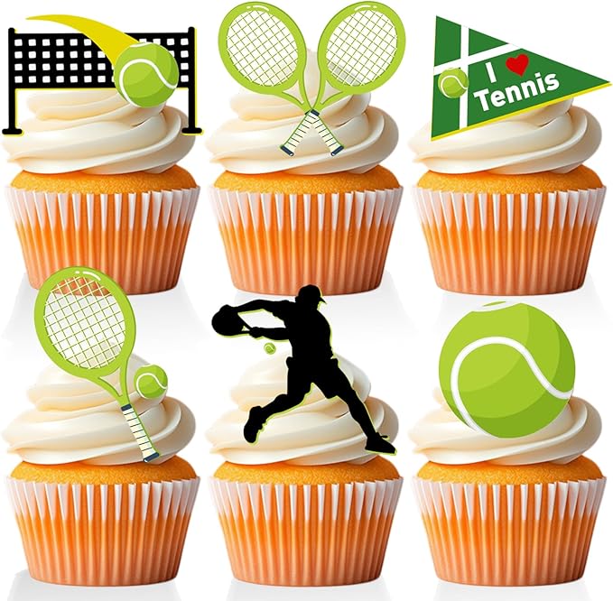 18 PCS Tennis Cupcake Toppers for Birthday Baby Shower Sport Tennis Ball Racket Player Cake Decor Picks Green GlitterTennis Party Decorations Supplies