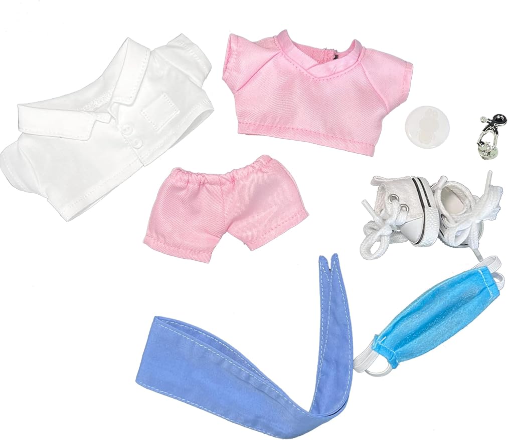 Doctor Set for 6.7 Inch - 8 Hand-Sewn Light Pink Pieces: White Coat, Pants, Medical Tools I 17cm Pretend Play Costume Accessories Only.（Doctor A）