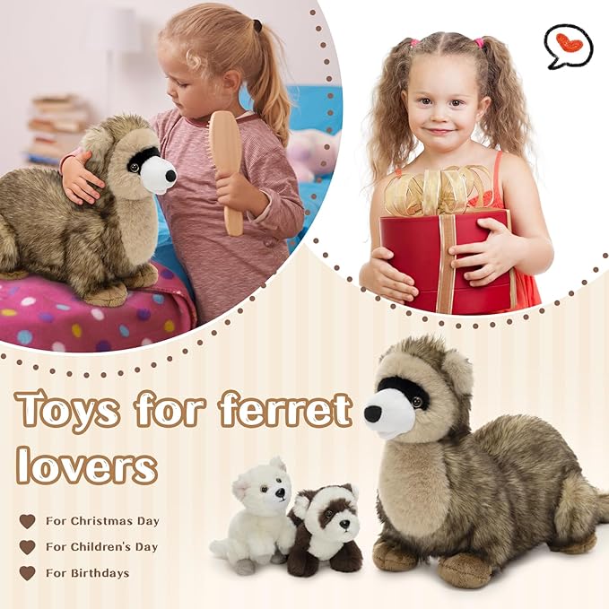 3Pcs Ferret Plush Toy, Mother Ferret Stuffed Animal with 2 Cute Stuffed Baby Ferrets Inside, 18" Snuggly Ferret Plushies for Kids, Christmas Birthday Gift