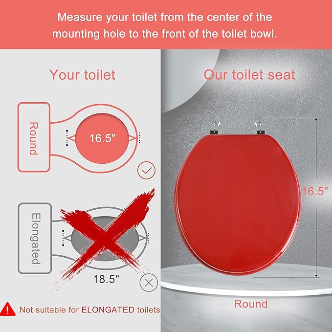 Red Round Toilet Seat Natural Wood Toilet Seat with Zinc Alloy Hinges, Easy to Install also Easy to Clean, Scratch Resistant Toilet Seat by Angol Shiold (Round, Red)