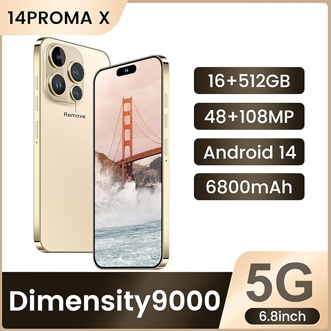 Huness 14PROMA X Smartphone Unlocked Cell Phone,Battery 6800mAh 6.82" HD Screen Unlocked Phones,16+512GB Android 14 with 128GB Memory Card,Dual SIM/Fingerprint Lock/Face ID/GPS (Gold, 16+512G)