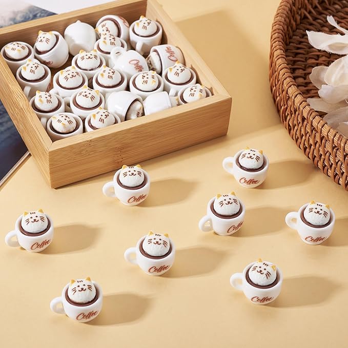 35Pcs Cat Coffee Cup Mini Ornaments Resin Cup Miniatures 3D Model Micro Landscape Dollhouse Decorations Fake Mugs Drink Food Cute Table Desk House Decor Party Supplies 17.5x23x19mm