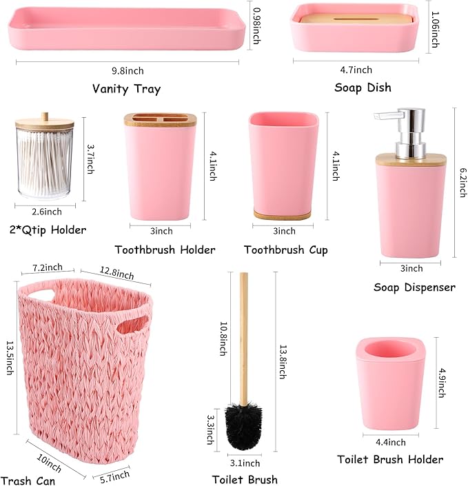 XLHOMO Bathroom Accessories Set with Wicker Trash Can, Pink Bathroom Accessories Pink Bathroom Sets Small Waste Basket Bathroom Trash Can for Bedroom Bathroom