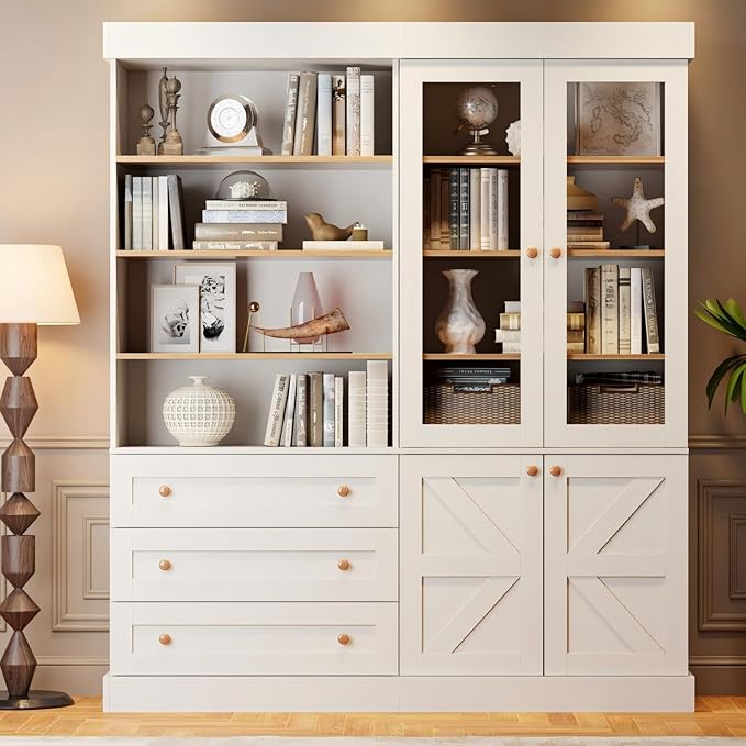 71" Tall Farmhouse Kitchen Pantry, Large Storage Cabinet with Glass Doors, Adjustable Shelves, 3 Drawer, Wood Versatile Hutch Cabinet for Dining Room, Living Room, White 2 PCS