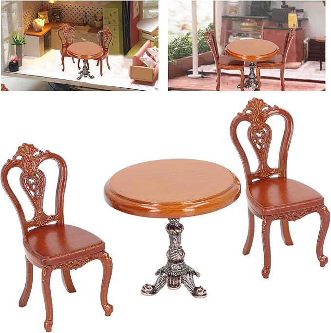 Dollhouse Dining Table Chair Set, Birch Alloy Doll House Furniture Accessories Exquisite Carving Nostalgic for DIY