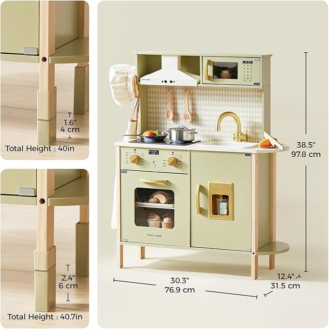 Tiny Land Play Kitchen for Kids, Wooden Kids Play Kitchen Playset Chef Pretend Play Set for Toddlers with Real Lights & Sounds, Toys Kitchen with 18 Pcs Toy Food & Cookware Accessories (Green)