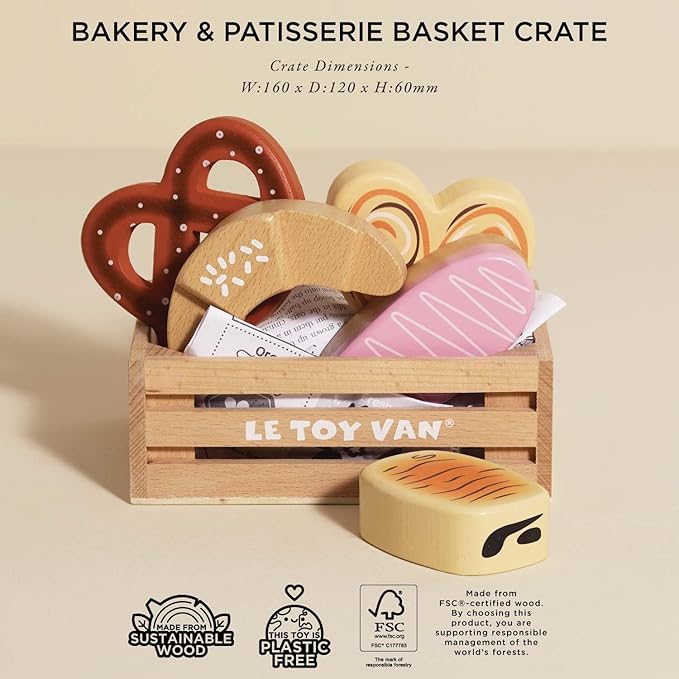 Le Toy Van - Educational Wooden Honeybee Market Baker's Basket Crate | Wood Play Food | Supermarket Pretend Play Shop Food