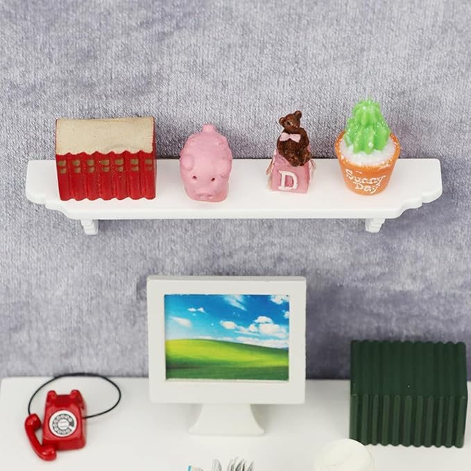 Jowxsx White Dollhouse Wall Shelf, 1/12 Scale Miniature Dollhouse Accessories, Doll House Storage Wall Shelf for Kitchen Scene, DIY Micro Landscaping Decor
