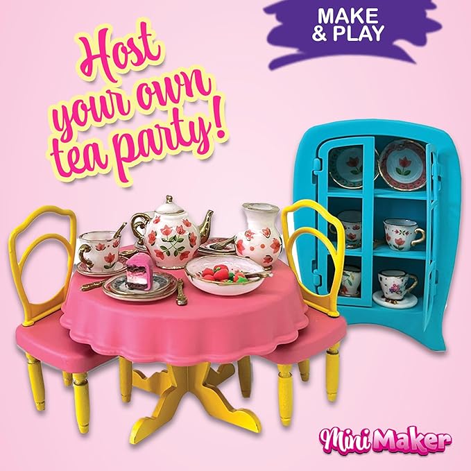 Mini Maker Tea Party Creations – Paint Your Own Tea Set with UV Oven – DIY Ceramic-Like Craft Kit for Girls – Decorate 30 Tableware Pieces, Decals & Glaze – Ages 6+